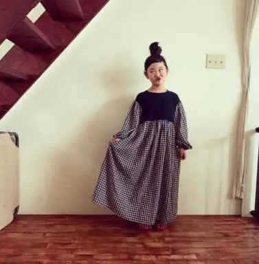 

2022 spring cotton linen girl's dresscasual Plaid Korean Long Sleeve Dress kids dresses for girls
