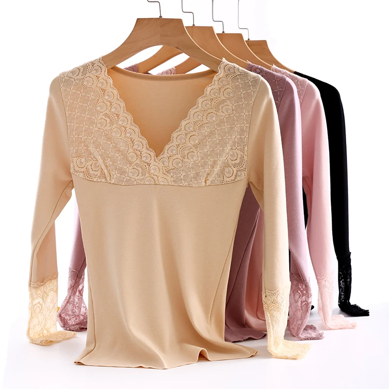 Velvet Long-sleeved Women Clothes Tight-fitting Thermal Woman Underwear Plus Velvet Thick V-neck Lace Bottoming Shirt Warm