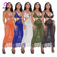 knitted fishnet women long maxi dress sexy hollow out bikini cover ups solid tassel 2022 summer holiday beach bathing vestidos