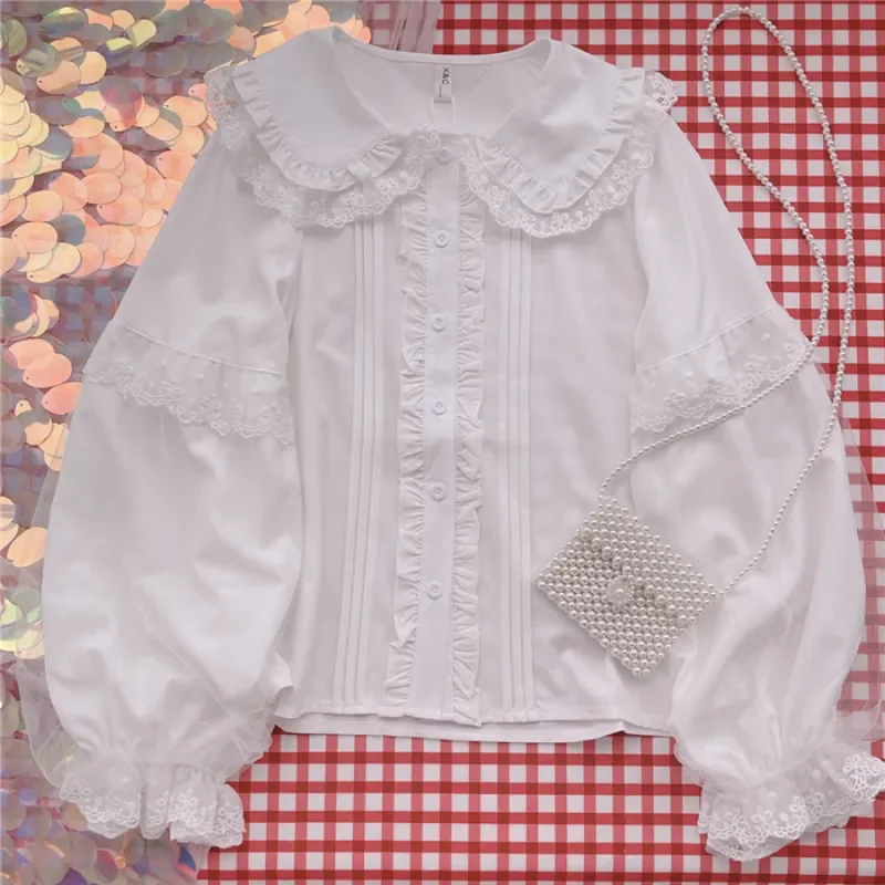 

Lolita Shirts White Elegant Women Tops Preppy Style Blouses Cute Peter Pan Collar Lace Ruffle JK Shirts Girls Long Sleeve Blusas