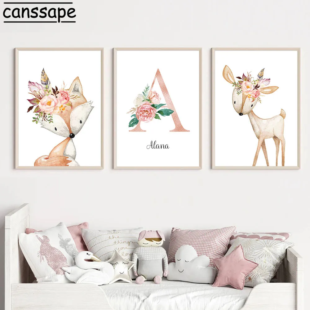 

Woodland Animals Fox Deer Poster Nursery Wall Art Prints Custom name Canvas Painting Nordic Wall Pictures For Baby Room Decor