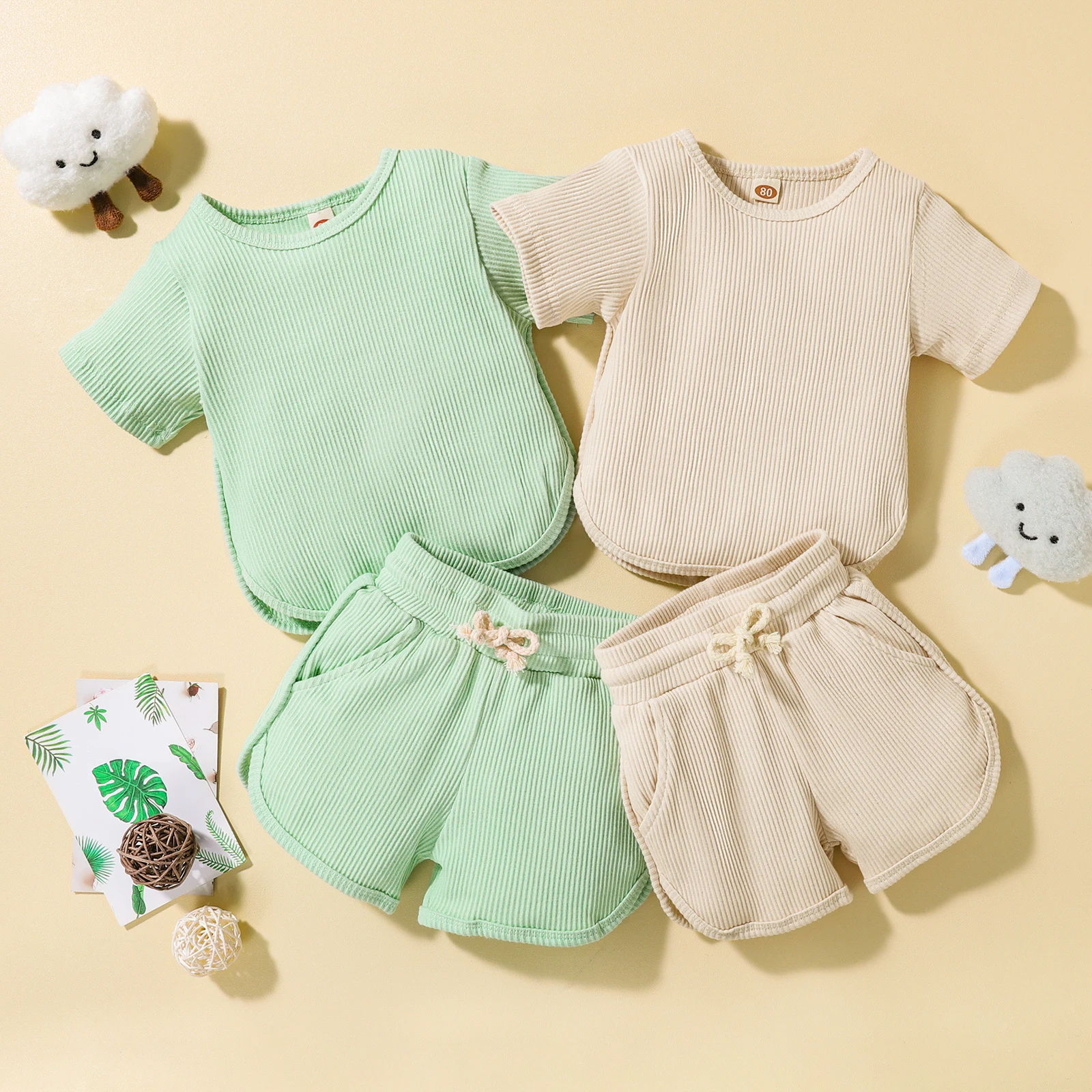 

TR New Summer Kids Toddler Girls Boys Ribbed Outfit Solid Color Short Sleeve T-Shirt + Shorts Casual Clothes Set