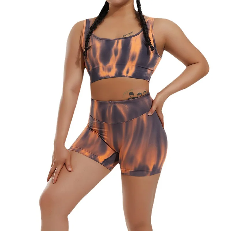 

SALSPOR Tie Dyed Sports Suit Women Seamless Short Fitness Set Yoga Bra with Butt Lift Cycling Shorts Elastic Athletic Outfit