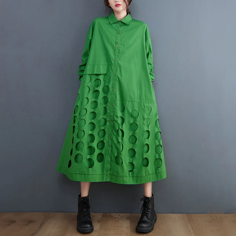 Polka Dot Hollow Out Shirt Dresses For Women Fashion Long Sleeve Loose Casual Midi Dress Elegant Clothes Spring Autumn 2022