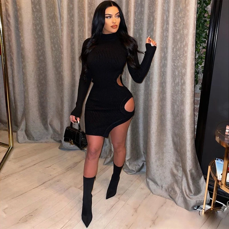 

Wishyear 2022 Knitted Bodycon Hollow Mini Dress Long Sleeve Turtleneck Y2k Clothes Club Outfits Women Sexy Party Ladies Dresses