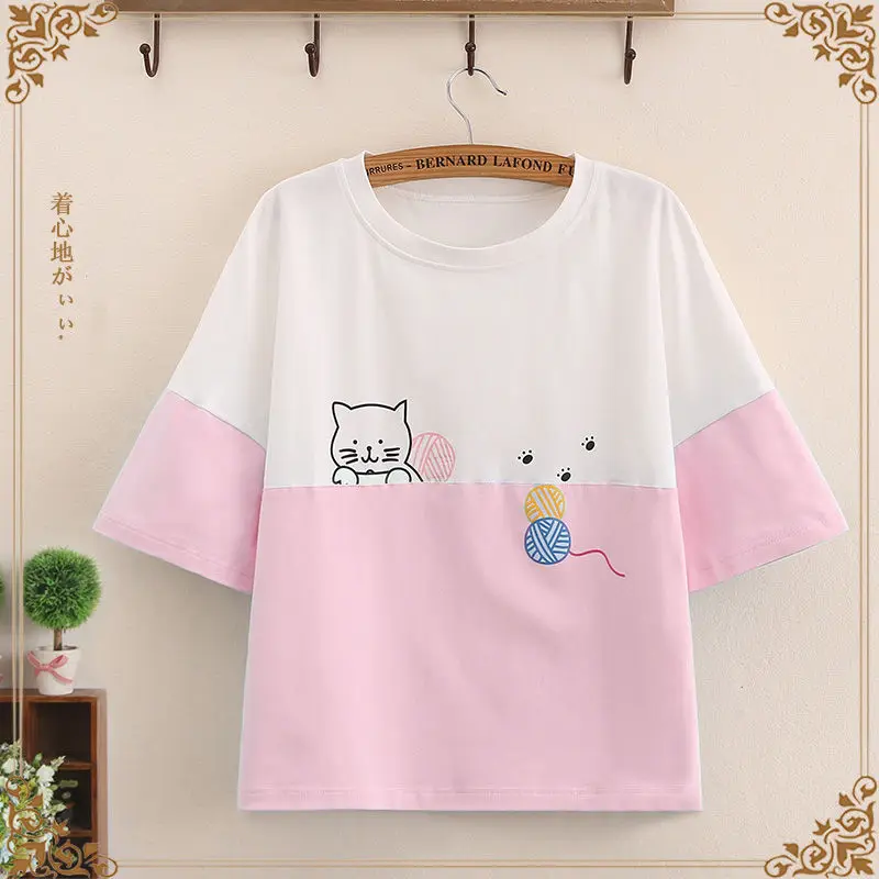 Футболка женская хлопковая с коротким рукавом милая Свободная рубашка для