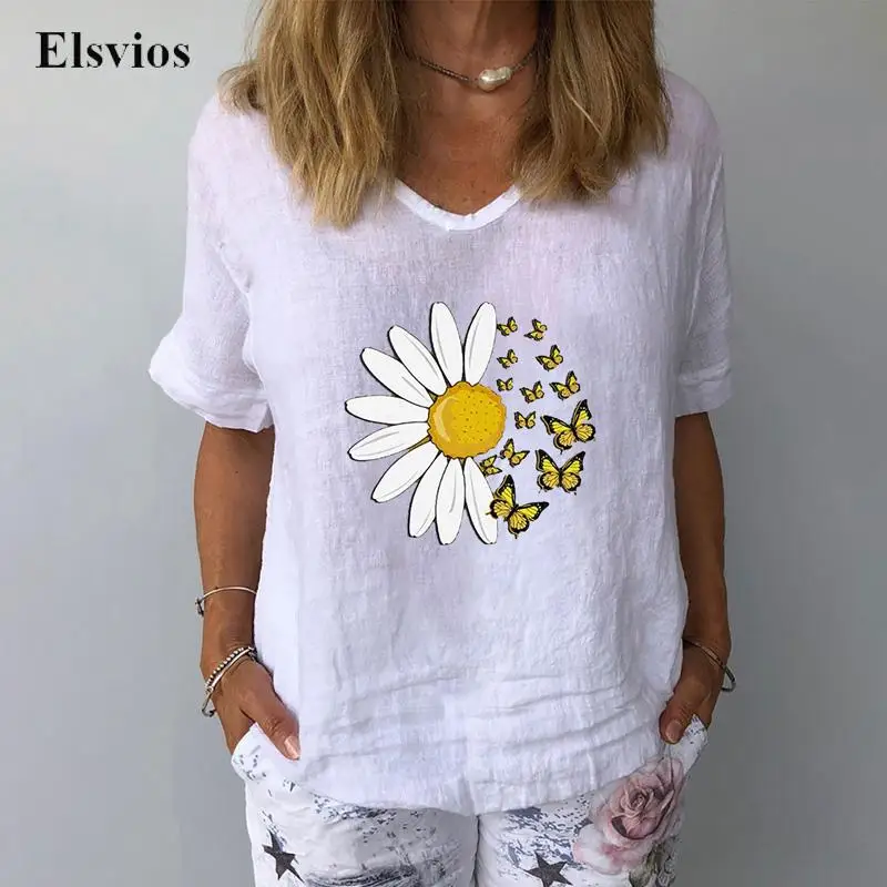 

Fashion Women V Neck Blouse Shirts Retro Daisy Butterfly Print Female Tops Blusa Summer Short Sleeve Cotton Linen Shirt Pullover