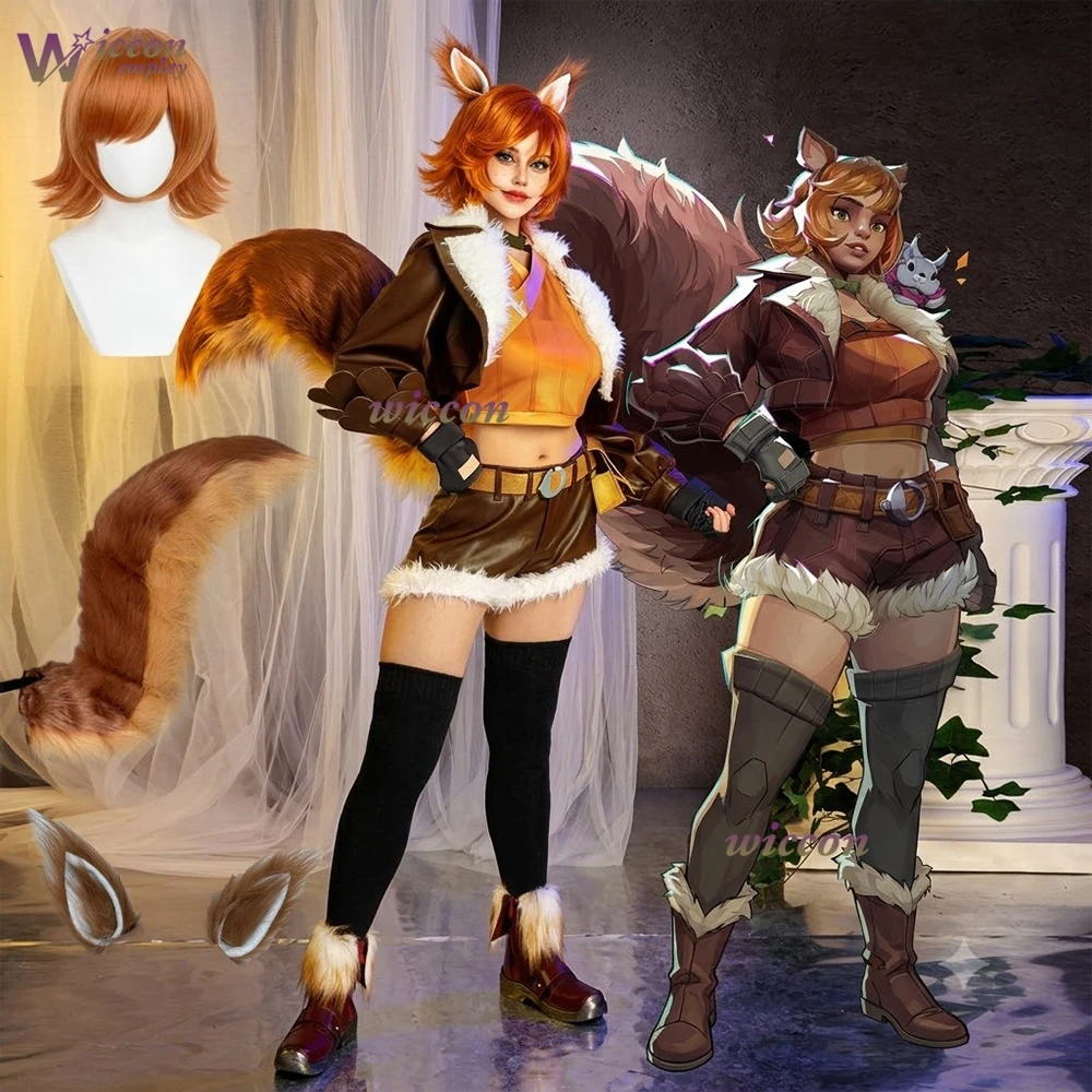 Фото Костюм для косплея KospLAY MV Rivals Squirrel Girl Doreen Green: комплект из искусственной кожи с хвостом, ушками и париком для женщин, для Хэллоуина, карнавала, игровых мероприятий №3