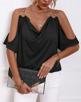 stylish o ring decor cold shoulder top v neck black tank female simple fashion shirt daily womens clothing summer office wear
