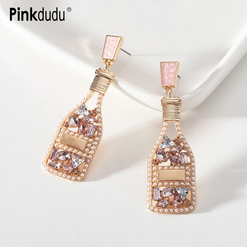 

Pinkdudu Fashion 4 Color Rhinestone Wine Bottle Drop Earrings Romantic Imitation Pearl Champagne Earring for Women Jewelry PD610