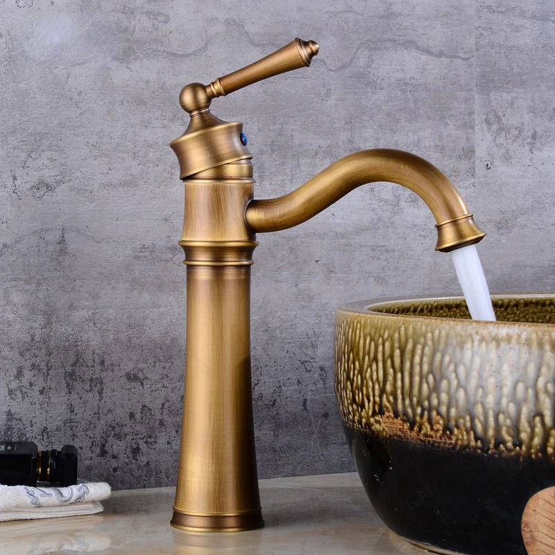 

High-End Basin Faucet Copper Antique European Hot and Cold Faucet Heightened Hot and Cold Table Basin Faucet Retro Faucet