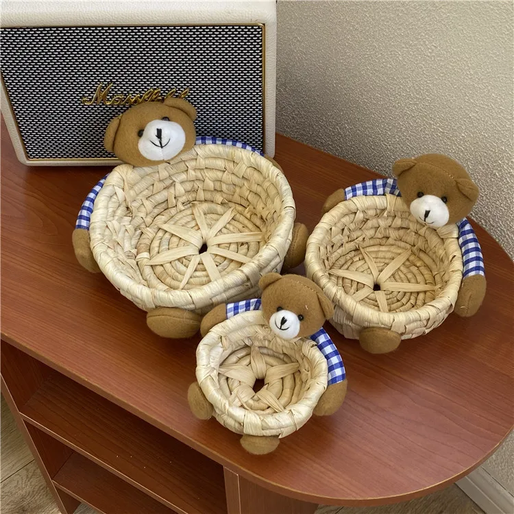 

Handmade Storage Basket Corn Straw Woven Organizer Basket Jewelry Sundries Organizer Snack Fruit Tray Desktop Decoration