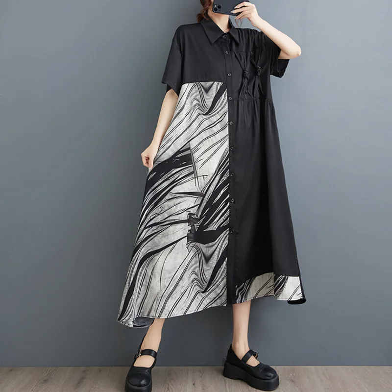#3961 летнее черное асимметричное платье-рубашка с принтом женское винтажное