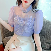 2022 summer elegant blusas femme machine embroidery beaded hollow out buckle design satin short sleeved top women