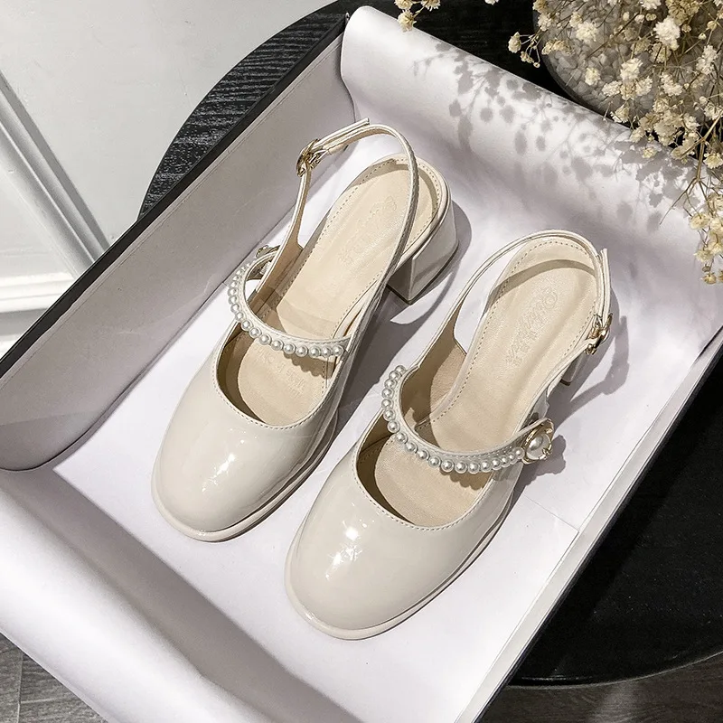 

Pearl Chain Stiletto Buckle Strap Female Pumps Round Toe Thick Heels Party Shoes for Women Slingback Zapatos Mujer