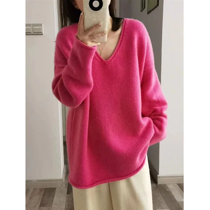 Осень/зима 2024 новый роскошный кашемировый свитер женский розовый с v-образным