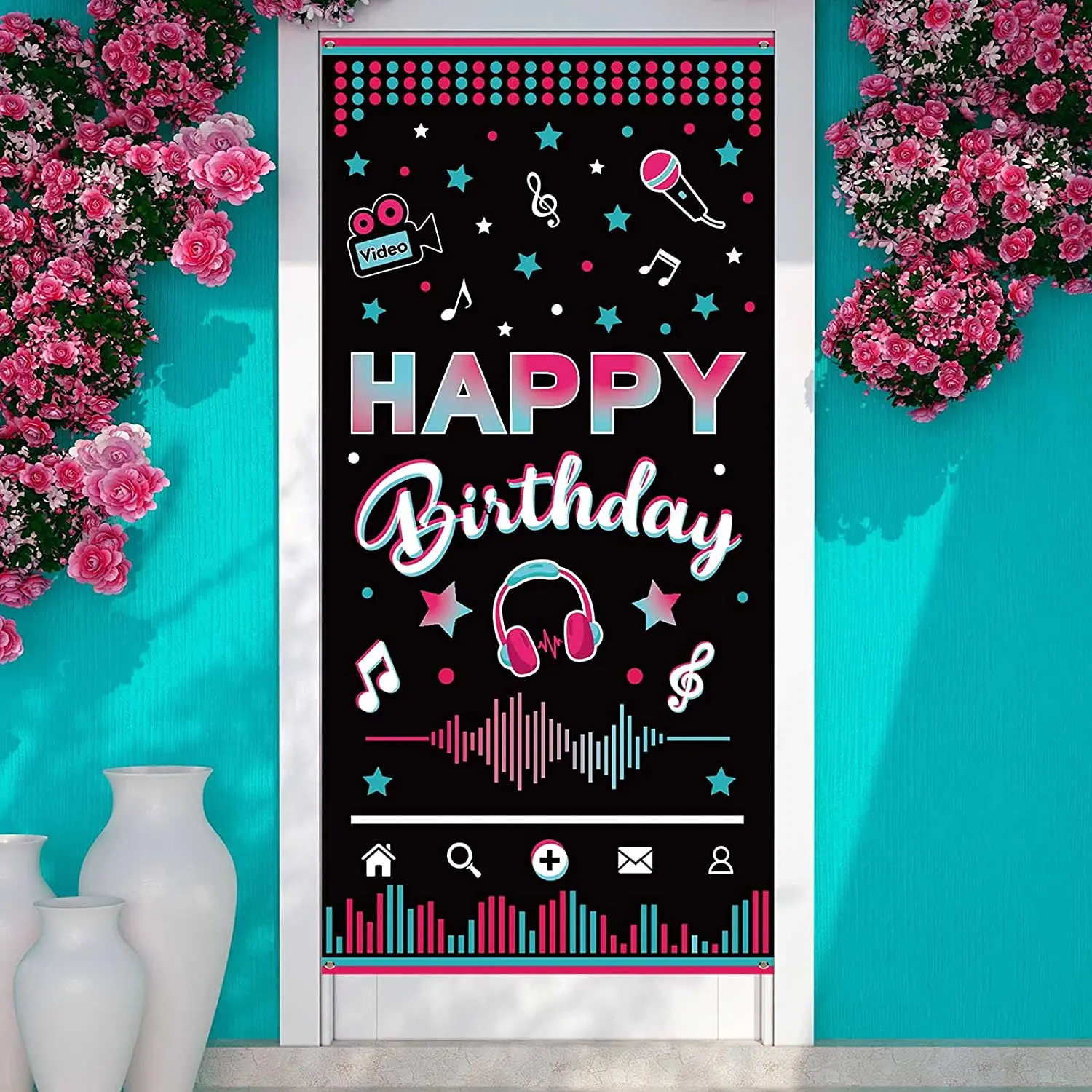 

Happy Birthday Door Banner Music Party Porch Sign Photo Booth Background Door Cover for Teens Birthday Party Decoration