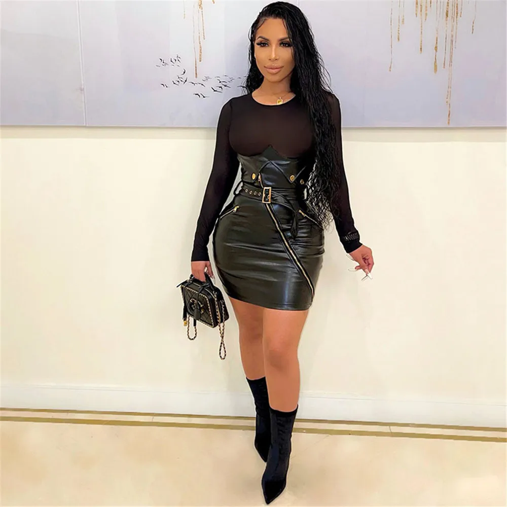 

Women's Dress Long Sleeve Round Neck Mesh Stitching PU Leather Plus Size Autumn Spring New Fashion Punk Sexy Party Dresses