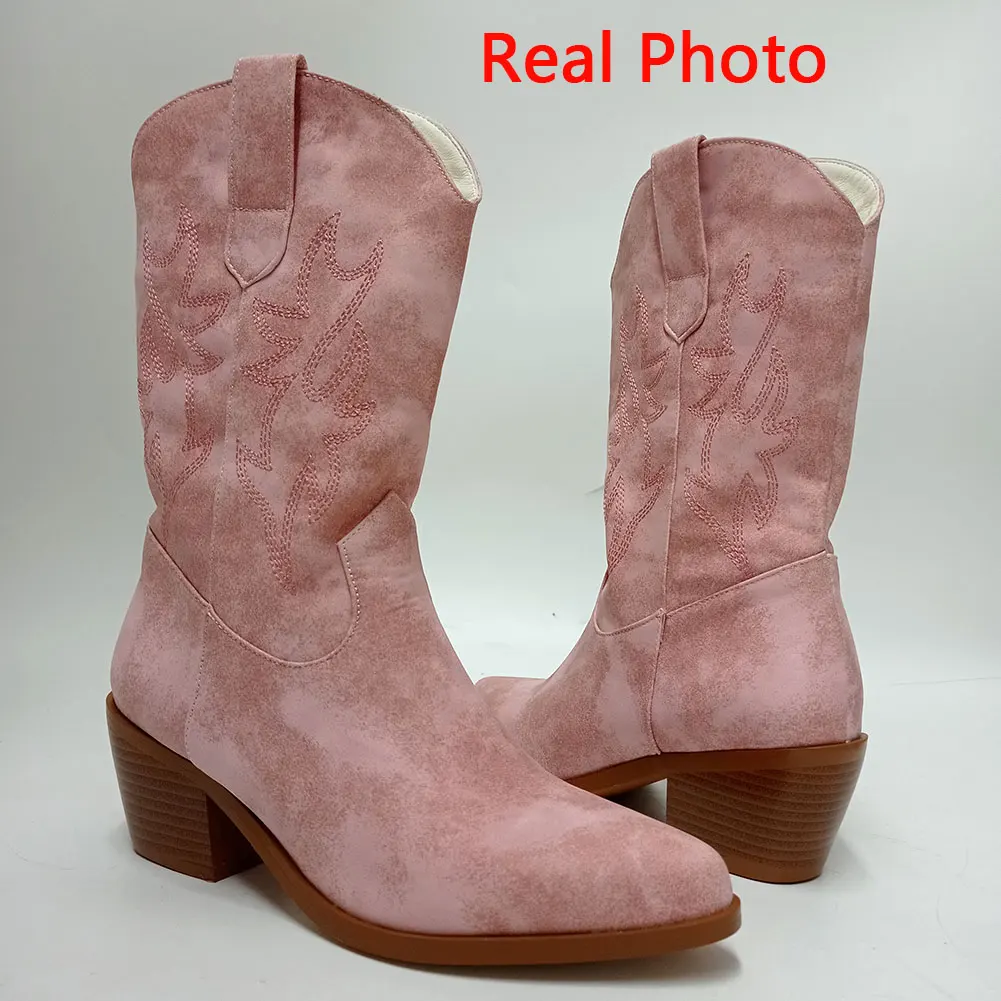 Brand New 2022 Autumn Pink Western Boots Cowgirl Fashion Elegant Women Ankle Boots Walking Comfy Pink Women Shoes Boots images - 6