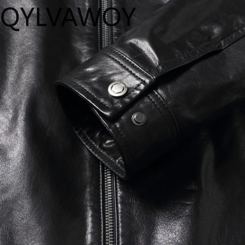 Фото QYLVAWOY Кожаная куртка из натуральной кожи для мужчин, с воротником-стойкой, весенне-осенняя мотоциклетная куртка, модная мужская куртка (Chaqueta Hombre) №4