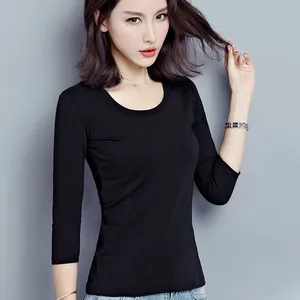 Solid White Black Women Tops Shirt Three Quarter Sleeve Cotton T-Shirt Slim Fit Basic Spring Summer  in India