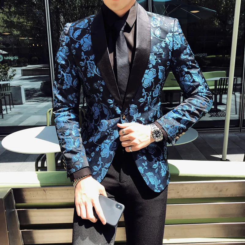 

Flower Suit Men Slim Trend Support 4XL 5XL People Handsome British Style Blue Fashion Large Size Performance Clothing Coat
