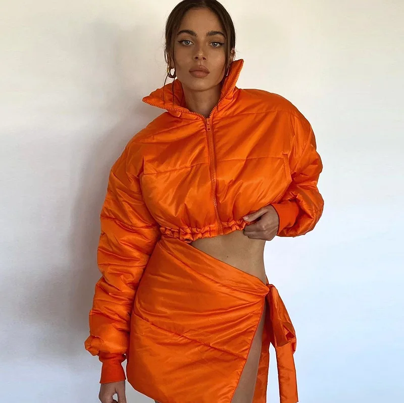 Winter New Net Color Zipper Set Finger Sleeves Standing Collar Tied Short Skirt Cotton Suit Women's Cloting 2022