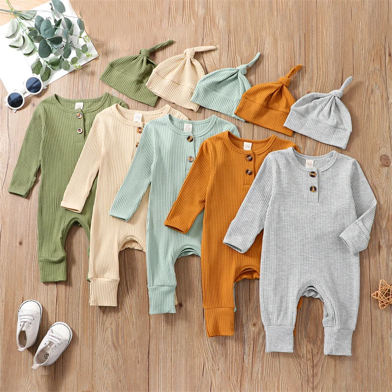 

Трикотажные комбинезоны в рубчик для новорожденных, осень-весна, однотонная Повседневная Базовая одежда, комбинезоны с длинным рукавом для маленьких мальчиков и девочек, облегающие шапки