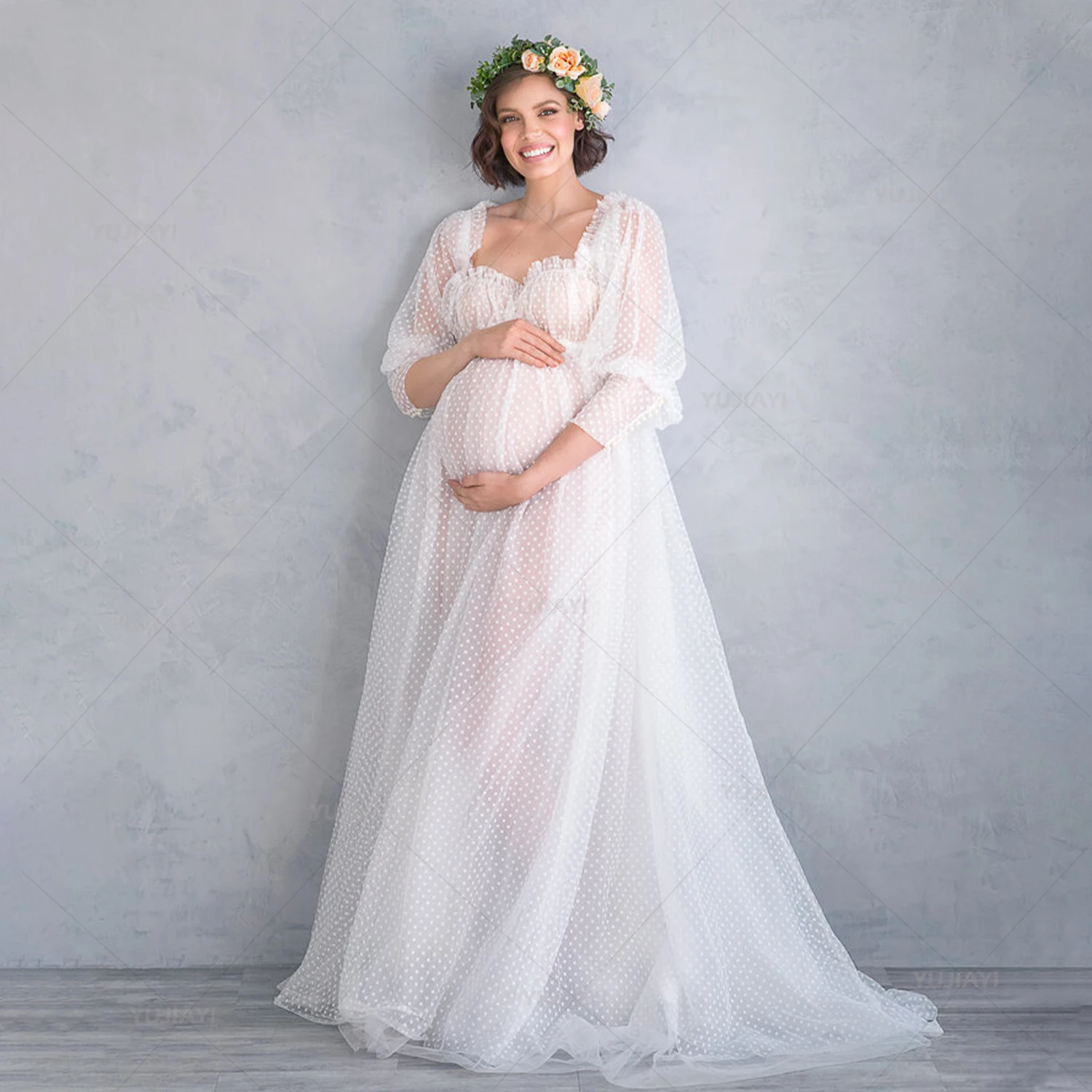 

White Maternity Robes Ruffled Tulle Photo Shoot Gowns Sheer Puffy Tulle Maternity Dress for Photography Bridal Wedding Dresses