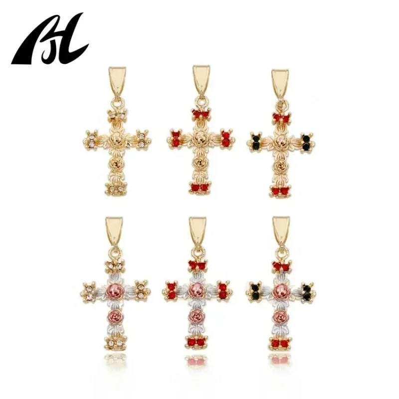 

High Quality Religiosos Jewelry Women Men Dijes Para Pulseras Por Mayor Special Design 18k Gold Plated Cross Rose Pendant