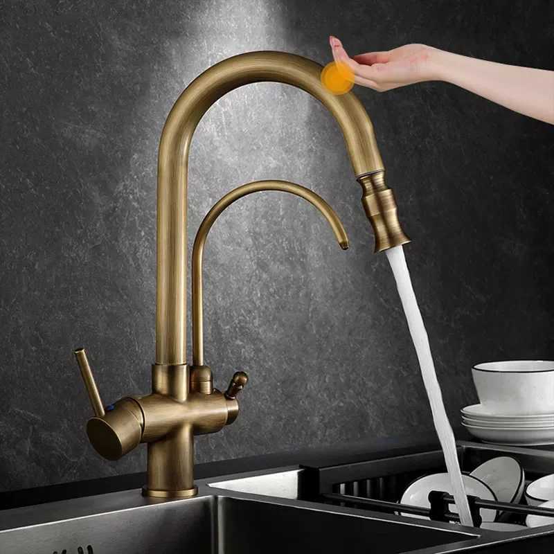 

Antique Brass Purified Kitchen Faucet Sensor or Not Pull Out 360 Degree Rotation Hot Cold Sink Mixer Crane Tap Filter Drink