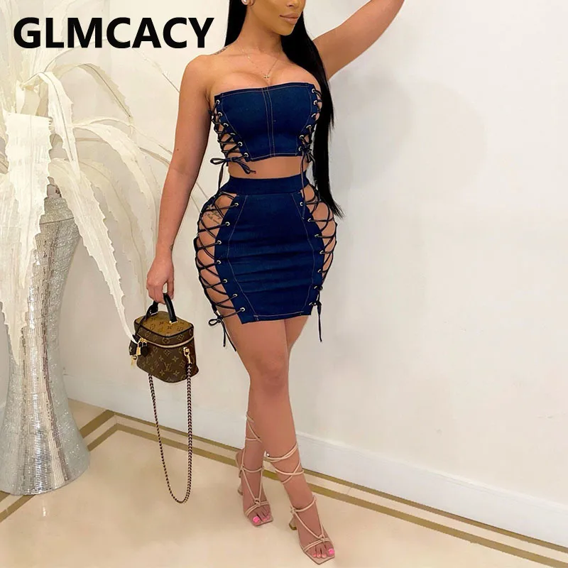 

Women Two Piece Lace Up Detail Denim Dress Suits Sexy Tube Top & Bodycon Skirt Set