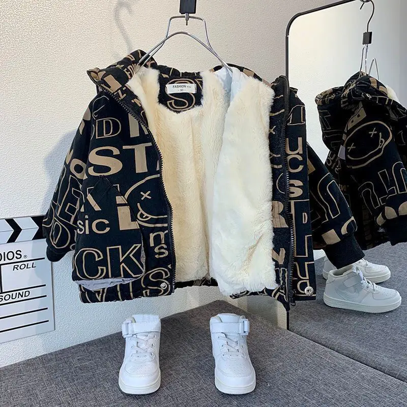 

Boys Coat Jacket Overcoat Cotton 2023 Casual Warm Thicken Velvet Winter Sports Teenager School Kids Children's Clothing