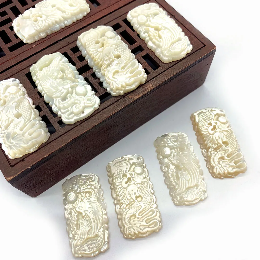 

Natural Seawater Shell Rectangular Carved Fish Jumping Dragon Gate Pendant for Making Auspicious Jewelry DIY Necklace Earrings