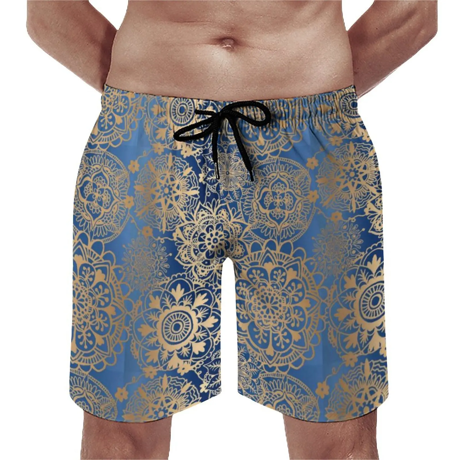 

Vintage Metallic Print Board Shorts Gold Mandala Pattern Male Classic Beach Short Pants Hot Custom Plus Size Swimming Trunks