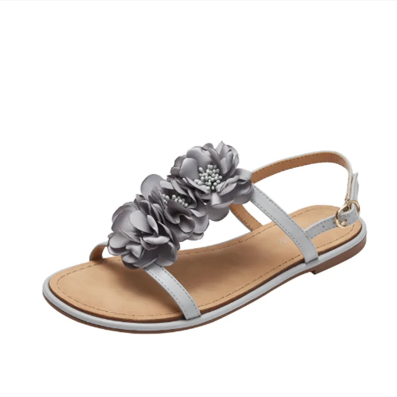 

School Fairy Girl Sandals Back Buckle Strap Shoes Front Open Toe Flats With Flowers Grey Pinkish Sweet Sandalias Wide Fits 42-35