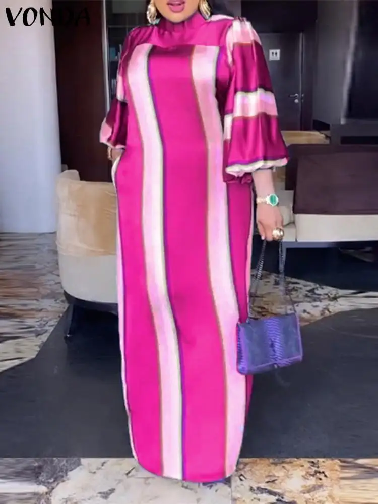 

Элегантное платье с длинным рукавом-фонариком, модель 2023 года, VONDA, Женский богемный длинный Повседневный свободный сарафан в полоску, женское Платье Макси