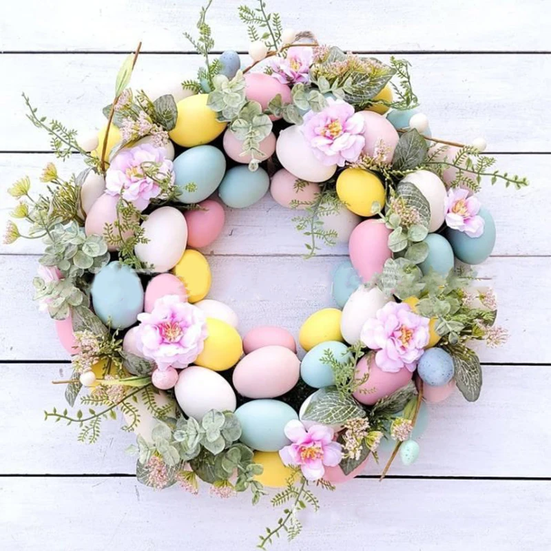 

45cm Easter Bunny Colorful Egg Wreath Door Wall Hanging Pendants Simulated Green Plant Egg Happy Easter Day Party Decor For Home