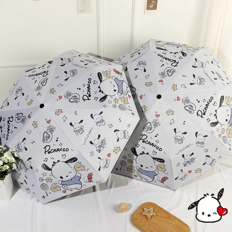 

Kawaii Sanrio Pachacco Automatic Umbrella Hello Kitty Kuromi Girl Student Anime Cartoon Anti Ultraviolet Tri Fold Parasol Gifts