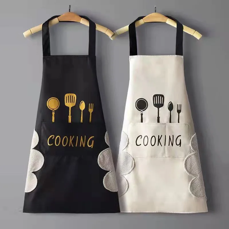 Women Men Kitchen Apron with Hand Wipe Pockets Waterproof for Cooking Baking  Fashion Creative Cute Cleaning Tools Accessories