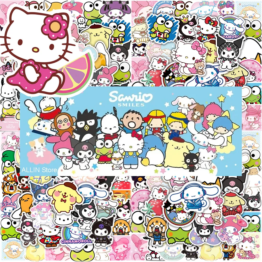 50/100pcs Kawaii Cartoon Sanrio Stickers Aesthetic Hello Kitty My Melody Kuromi Decals Decoration Cute Sticker for Kids Girls