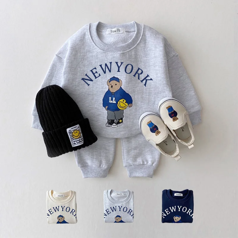 Korea New Baby Girls Sports Suit Kids Letter Bear Printed Long Sleeve Sweatshirt + Jogger Pants Set 2022 Baby Boys Clothes Sets