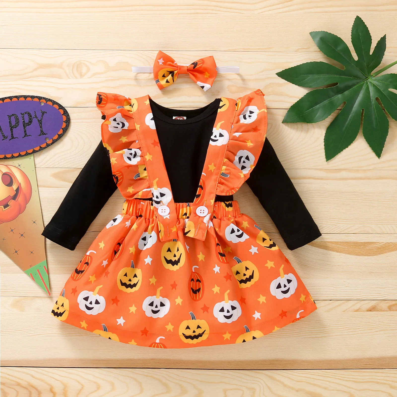

Kids Halloween Costume Infant Newborn Baby Girls Long Sleeve Solid Romper Bodysuit Tops Cartoon Print Suspender Skirt+Headbands