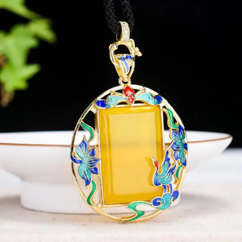 

Cloisonne Yellow Jade Pendant With Rope Chain Charms Necklace Women Fine Jewelry Accessories Genuine Myanmar Jadeite Jewellery