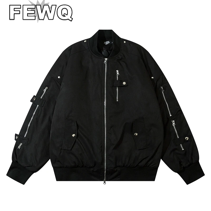 

FEWQ Multi Zipper Jacket Male Solid Color High Street Men's Coats Safari Style Round Collar 2023 Spring Stylish New Tops 24B1004