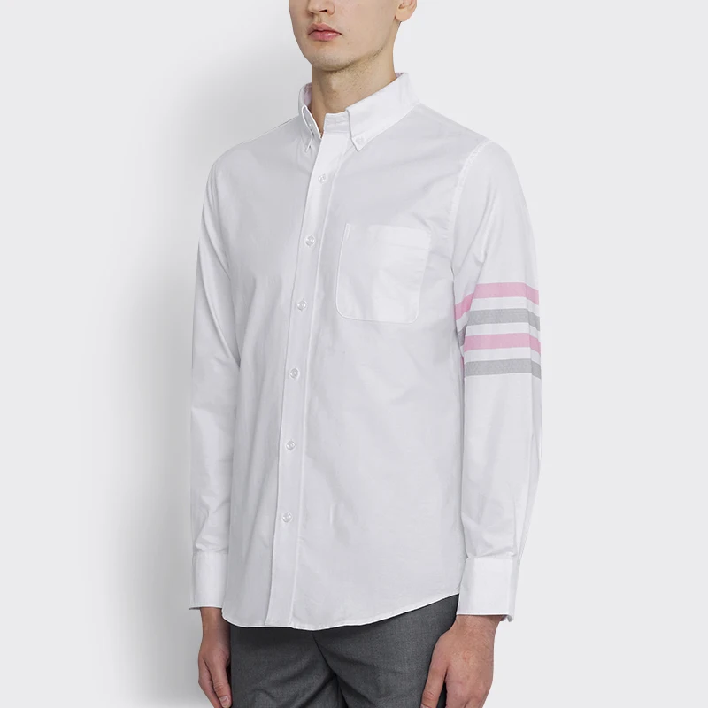 TB THOM Men's Shirt Fashion Top Brand 4-Bar Pink Gray Stripes Casual Oxford Fine Cotton Long Sleeve High Quality Women's Shirts