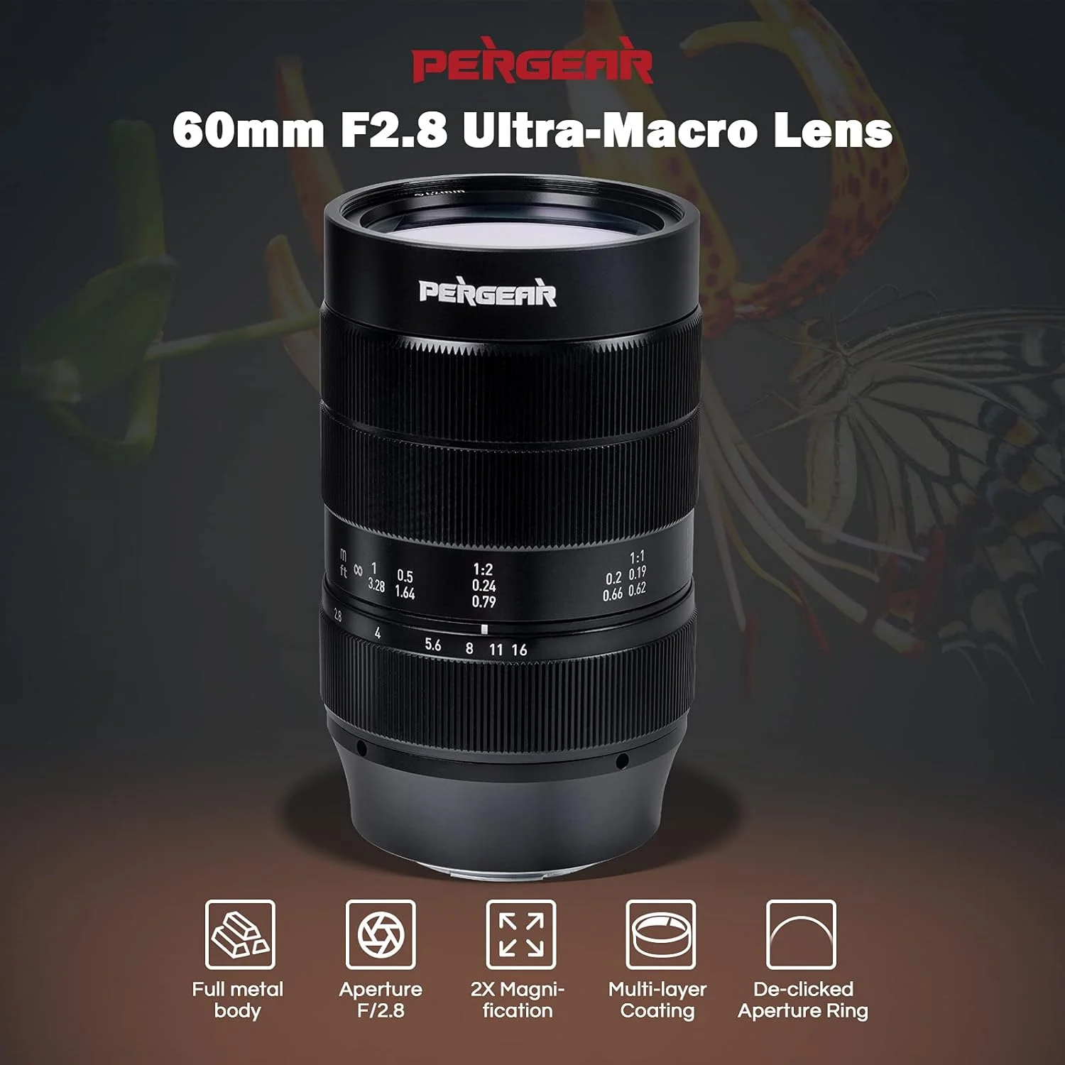 Объектив PERGEAR 60 мм F2.8 II Ultra Macro с 2-кратным увеличением для Sony E Nikon Z Fuji X M4/3 ﻿