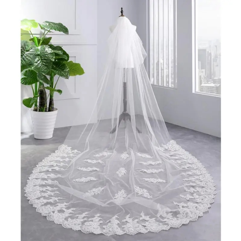 

Bridal Veils White/Ivory 3.5M Cathedral Length Lace Edge Appliqued Head Veil With Comb Long Wedding Accessories Velos De Novia