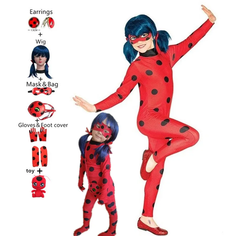 

Костюм маринетера для девочки с игрушкой, Детский костюм супергероя на день чтения, Хэллоуин, красный баг, косплей, маленькие серьги для пче...