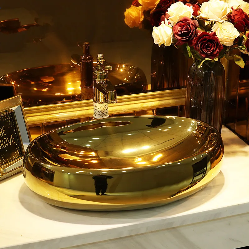 

Oval Europe Vintage Style Lavobo Ceramic Washing Basin Counter top colored golden bathroom sink